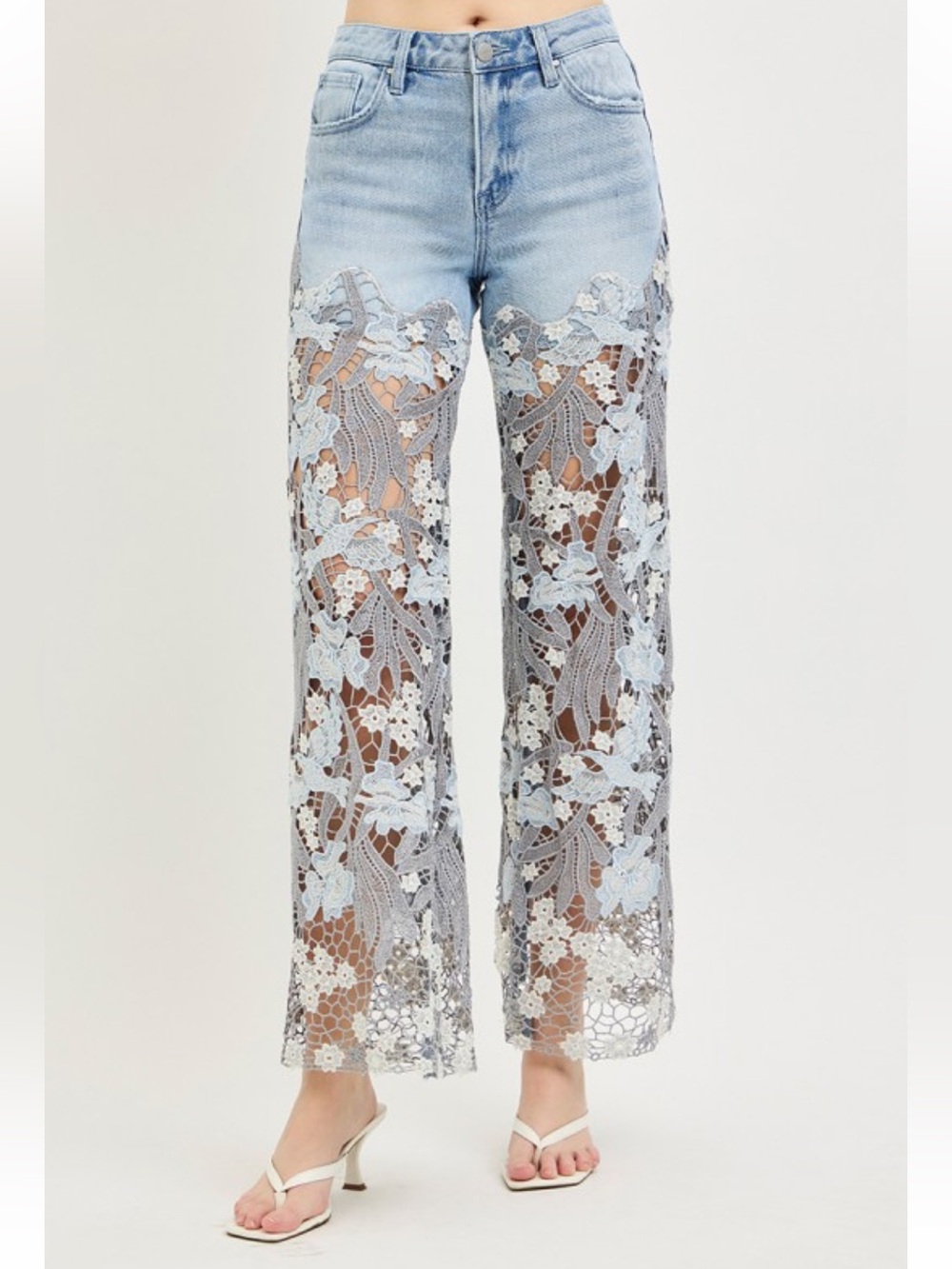 7124. Risen High Rise Light Blue Lace Wide Leg Jeans